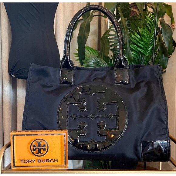 Tory Burch Black Nylon Patent Leather Ella Tote Bag With Signature Logo - Picture 1 of 10